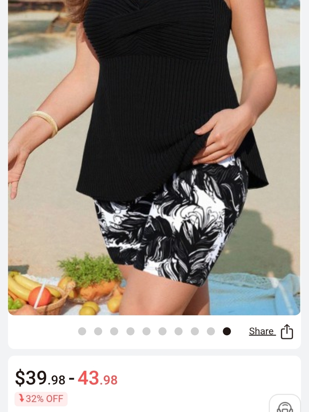 Plus Size Black Top With Black & White Floral Swim Shorts